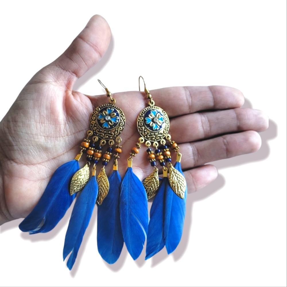 Hand Crafted Blue Feathers Beaded Dangle Drop Earrings - Picture 3 of 4